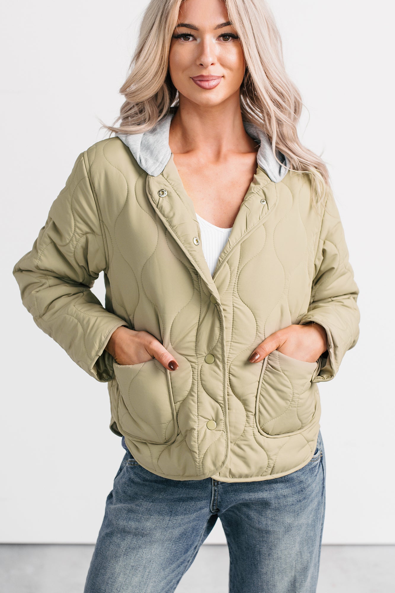 City Stitch Hooded Lightweight Quilted Jacket (Olive) - NanaMacs
