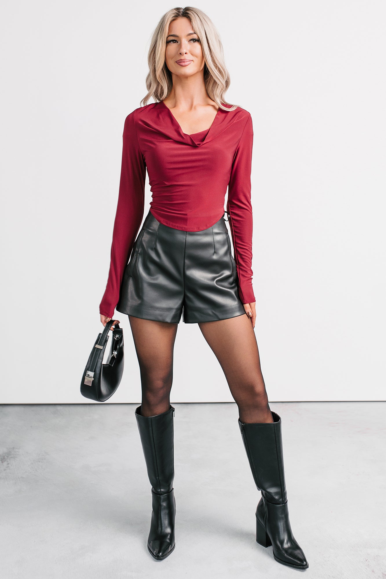 Chasing Time Cowl Neck Long Sleeve Top (Burgundy) - NanaMacs