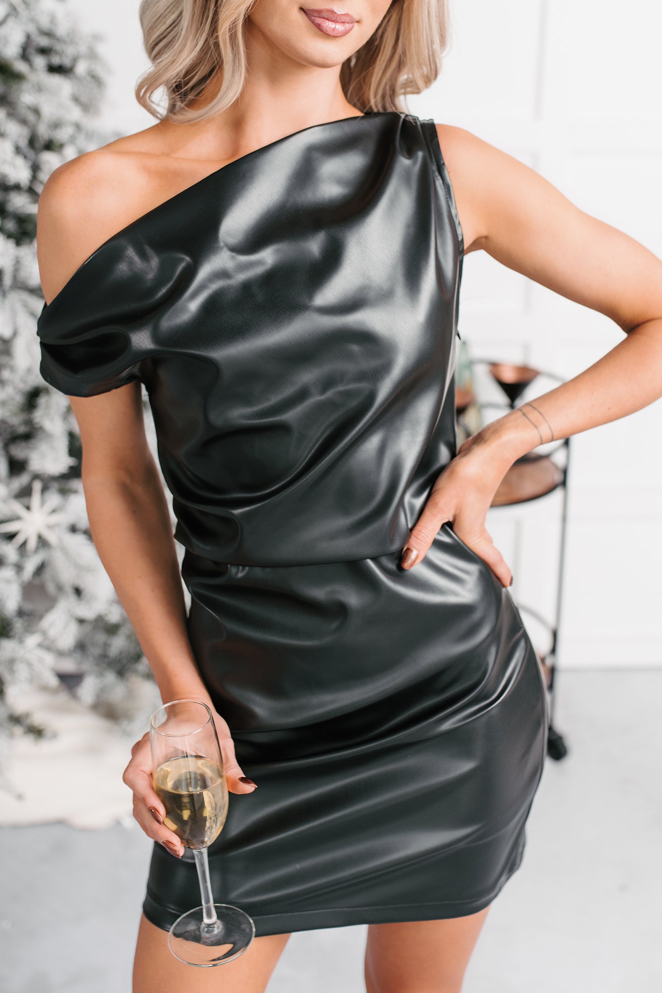 Hey Heartbreaker One Shoulder Faux Leather Mini Dress (Black) - NanaMacs