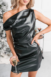 Hey Heartbreaker One Shoulder Faux Leather Mini Dress (Black) - NanaMacs