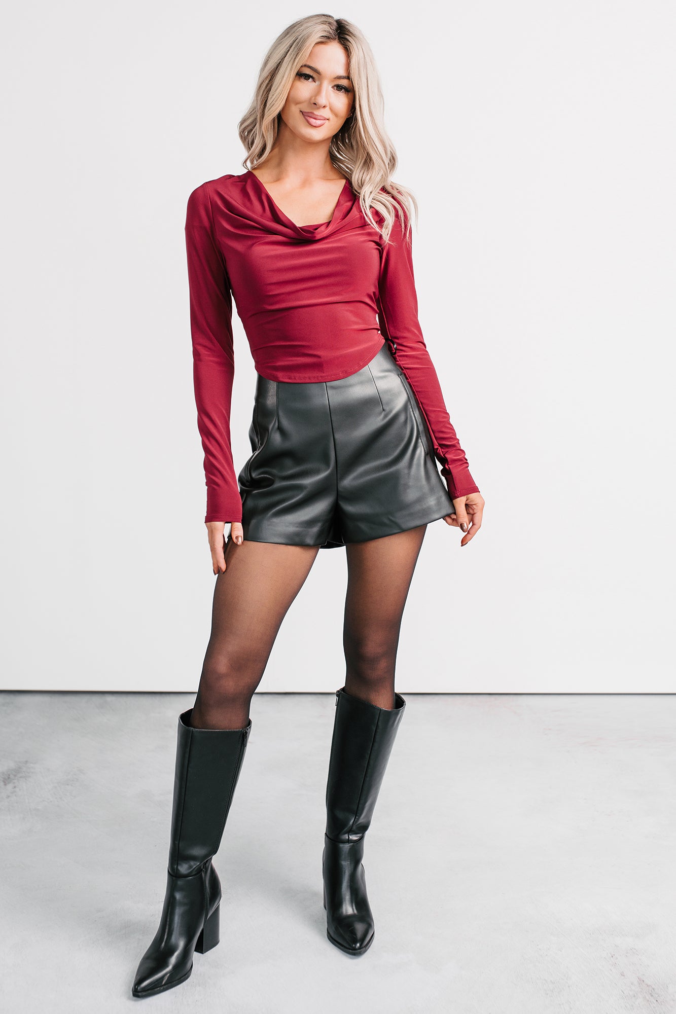 Chasing Time Cowl Neck Long Sleeve Top (Burgundy) - NanaMacs