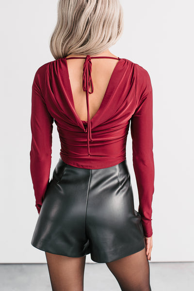 Chasing Time Cowl Neck Long Sleeve Top (Burgundy)