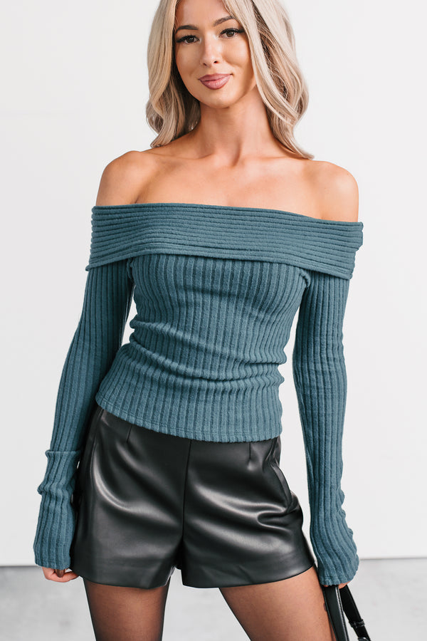 Risk It All Off-The Shoulder Ribbed Top (Sea Moss)