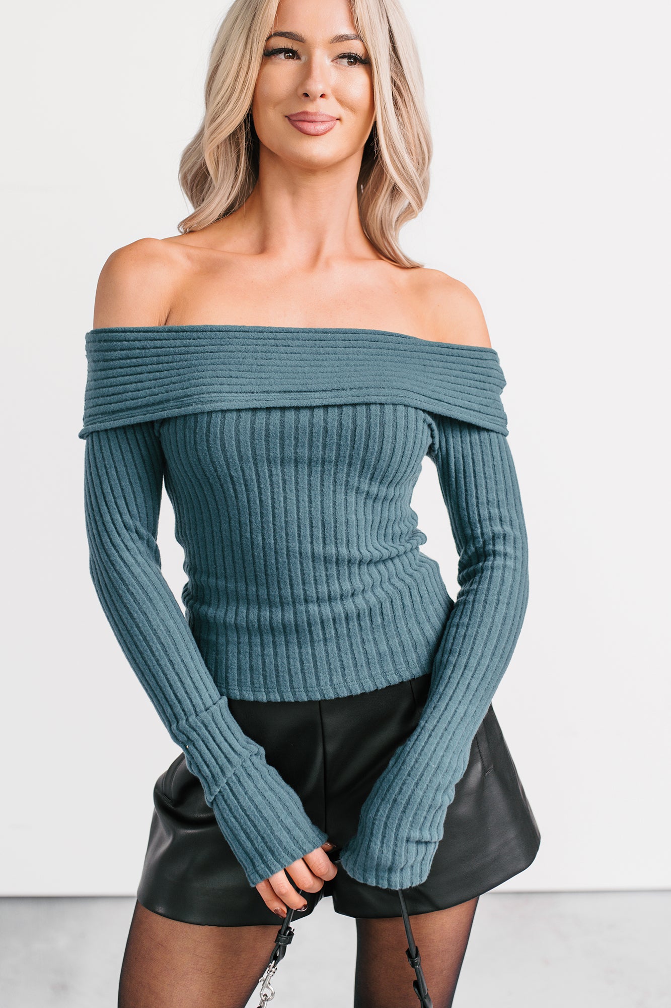 Risk It All Off-The Shoulder Ribbed Top (Sea Moss) - NanaMacs