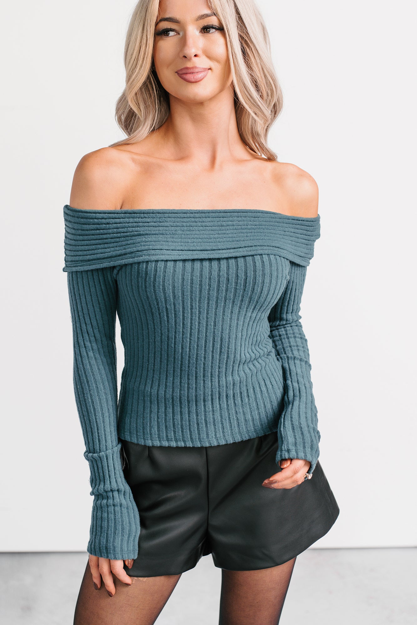 Risk It All Off-The Shoulder Ribbed Top (Sea Moss) - NanaMacs