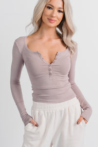 Keep On Going Long Sleeve Henley Top (Taupe) - NanaMacs