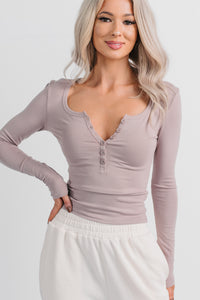Keep On Going Long Sleeve Henley Top (Taupe) - NanaMacs