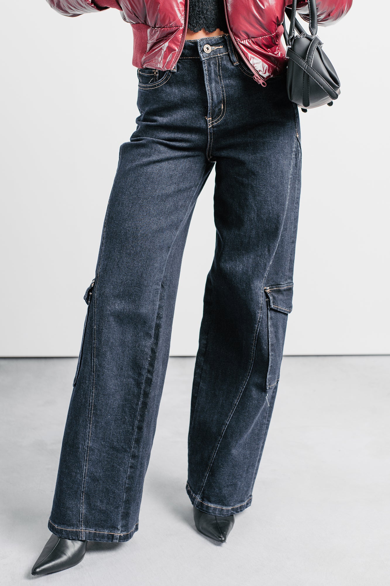 00s archive ￼lyric Cargo coated denim Crosby Wide Leg Mica Denim Cargo Jeans (Dark Wash) · NanaMacs