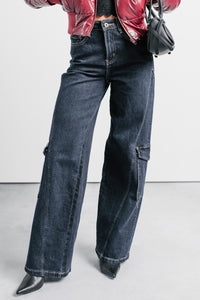 Crosby Wide Leg Mica Denim Cargo Jeans (Dark Wash) - NanaMacs