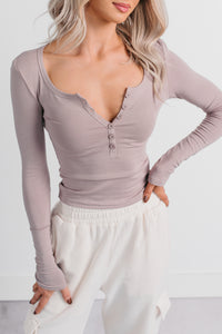 Keep On Going Long Sleeve Henley Top (Taupe) - NanaMacs