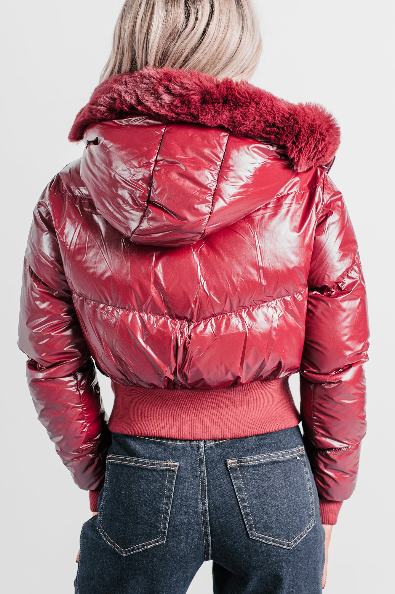 Show You How Faux Fur Hooded Puffer Jacket (Burgundy) - NanaMacs