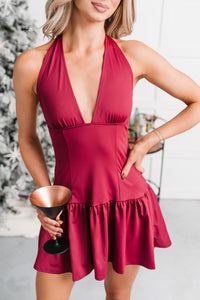 Star Moment Halter Drop Waist Mini Dress (Wine) - NanaMacs