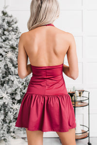 Star Moment Halter Drop Waist Mini Dress (Wine) - NanaMacs