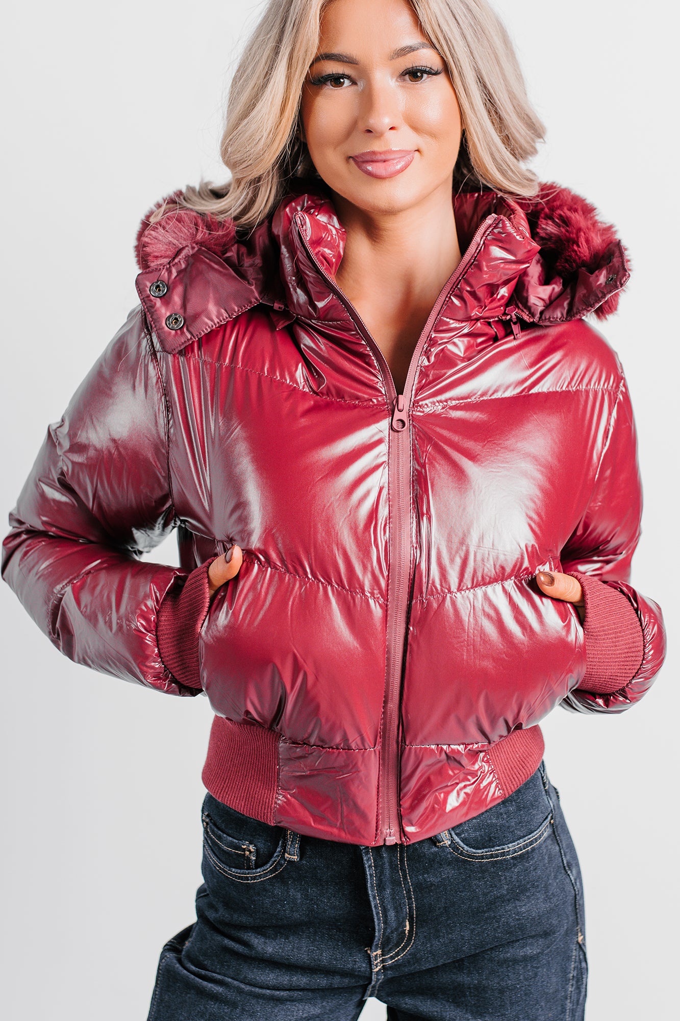 Show You How Faux Fur Hooded Puffer Jacket (Burgundy) - NanaMacs