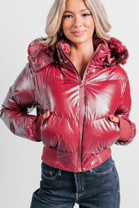 Show You How Faux Fur Hooded Puffer Jacket (Burgundy) - NanaMacs