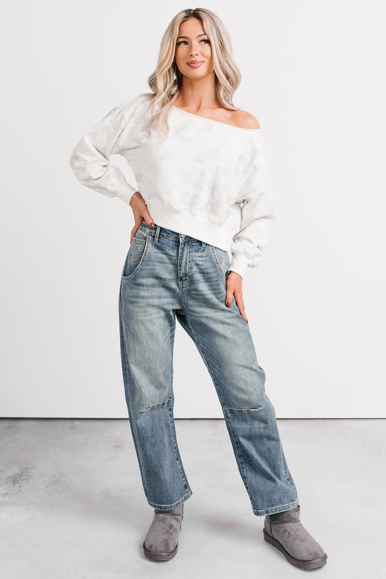 Cozy Nights Abstract Off The Shoulder Sweatshirt (White/Grey) - NanaMacs