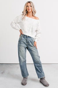 Cozy Nights Abstract Off The Shoulder Sweatshirt (White/Grey) - NanaMacs