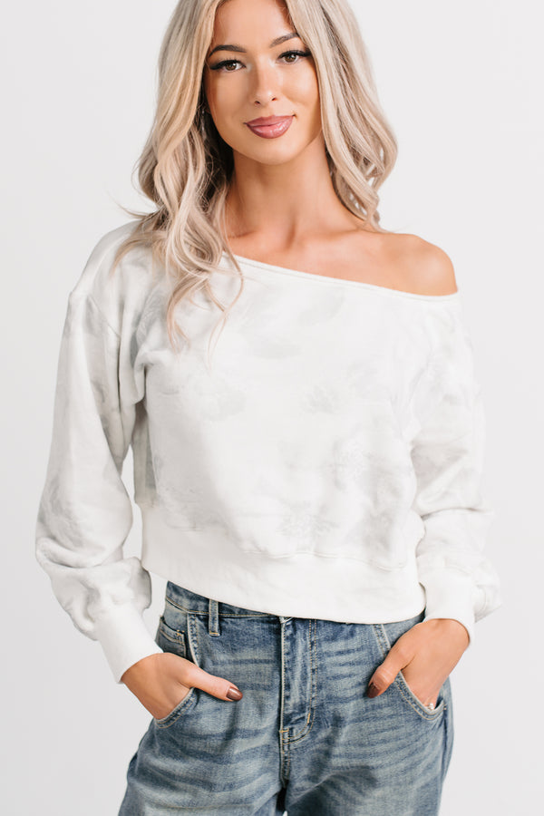Cozy Nights Abstract Off The Shoulder Sweatshirt (White/Grey) - NanaMacs