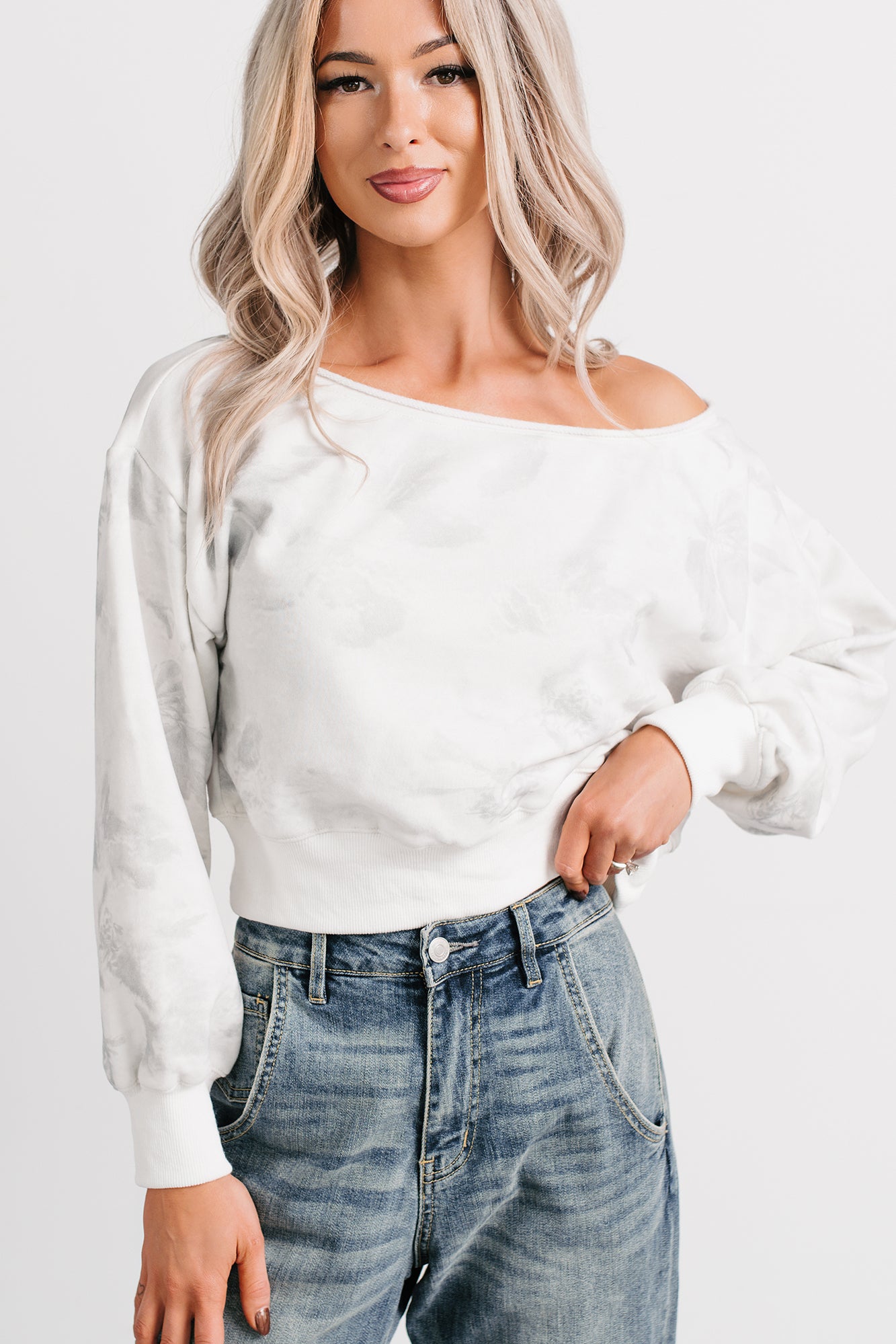 Cozy Nights Abstract Off The Shoulder Sweatshirt (White/Grey) - NanaMacs