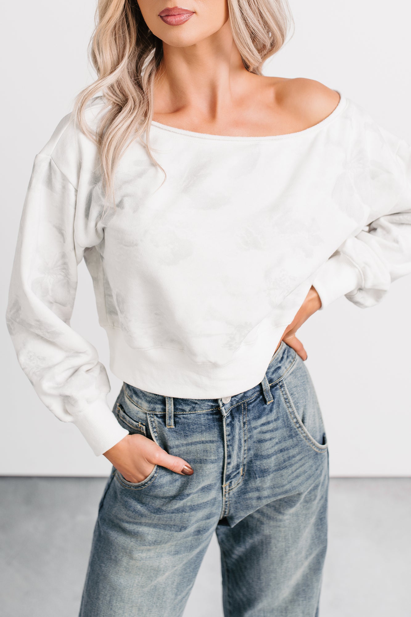Cozy Nights Abstract Off The Shoulder Sweatshirt (White/Grey) - NanaMacs