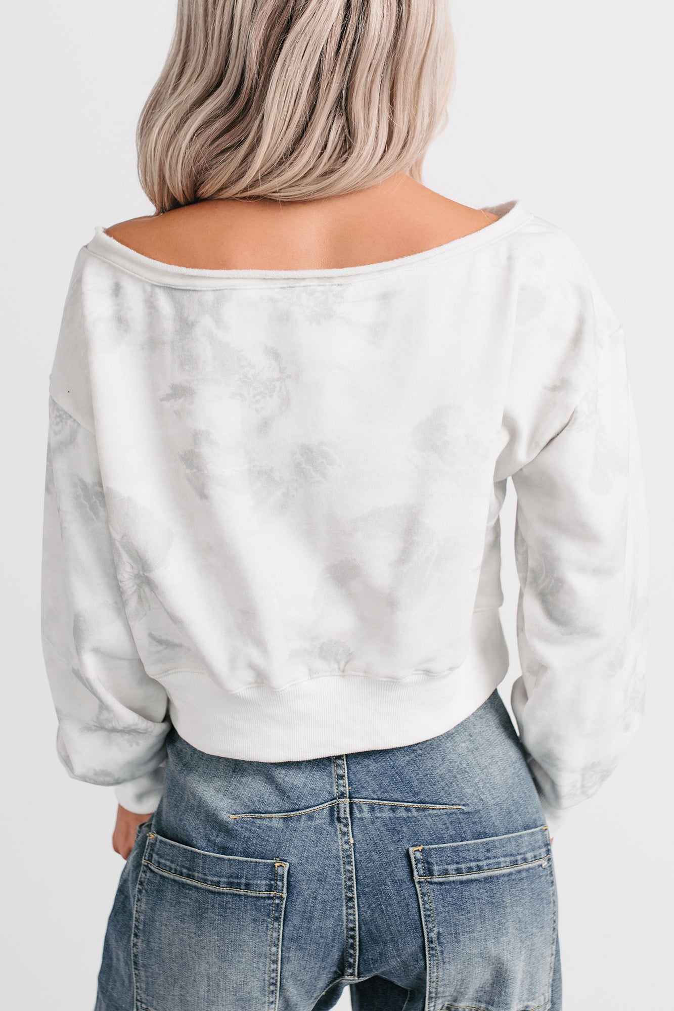 Cozy Nights Abstract Off The Shoulder Sweatshirt (White/Grey) - NanaMacs