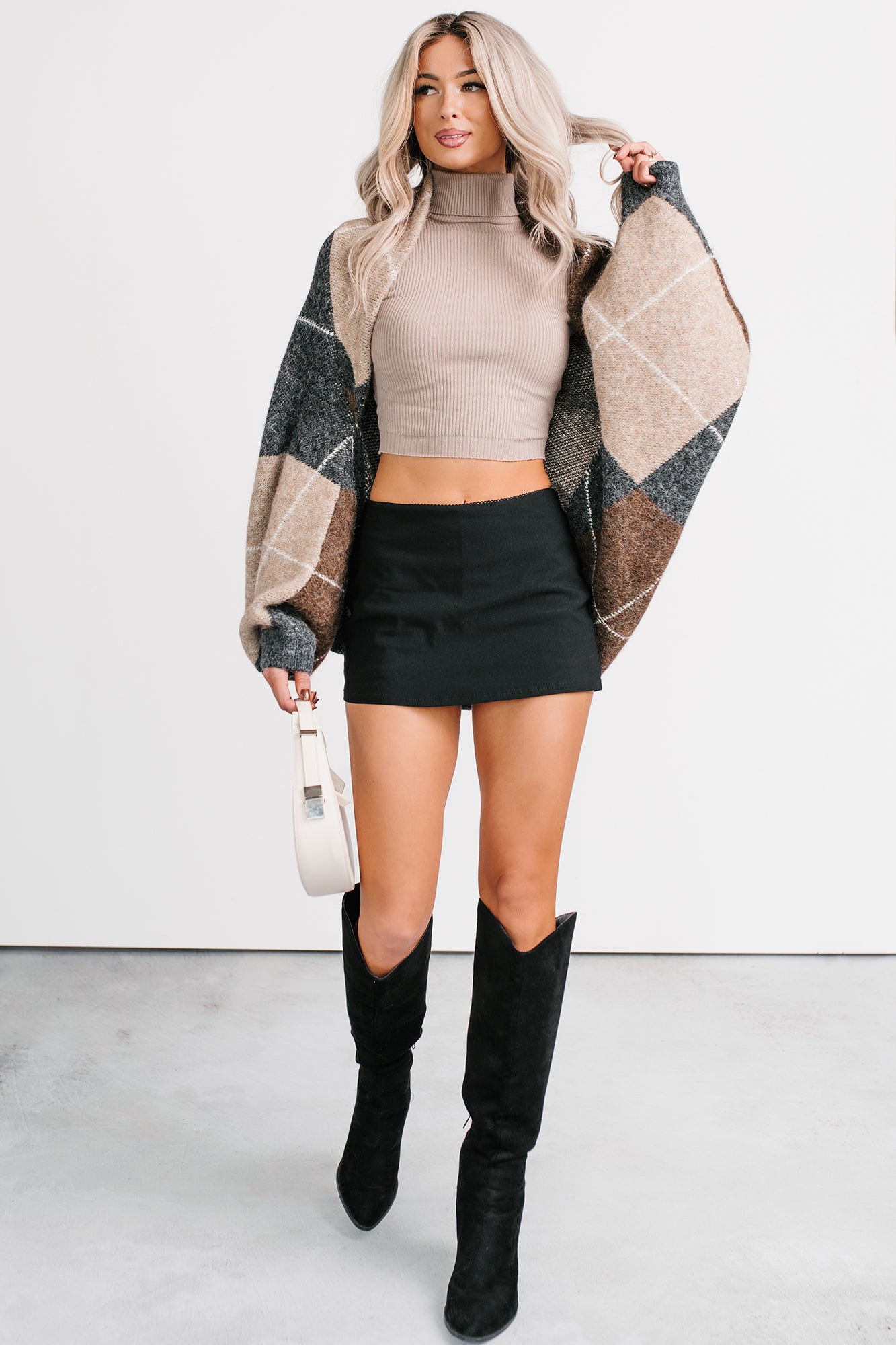 Quiet Day In Argyle Knit Shrug Cardigan (Charcoal) - NanaMacs