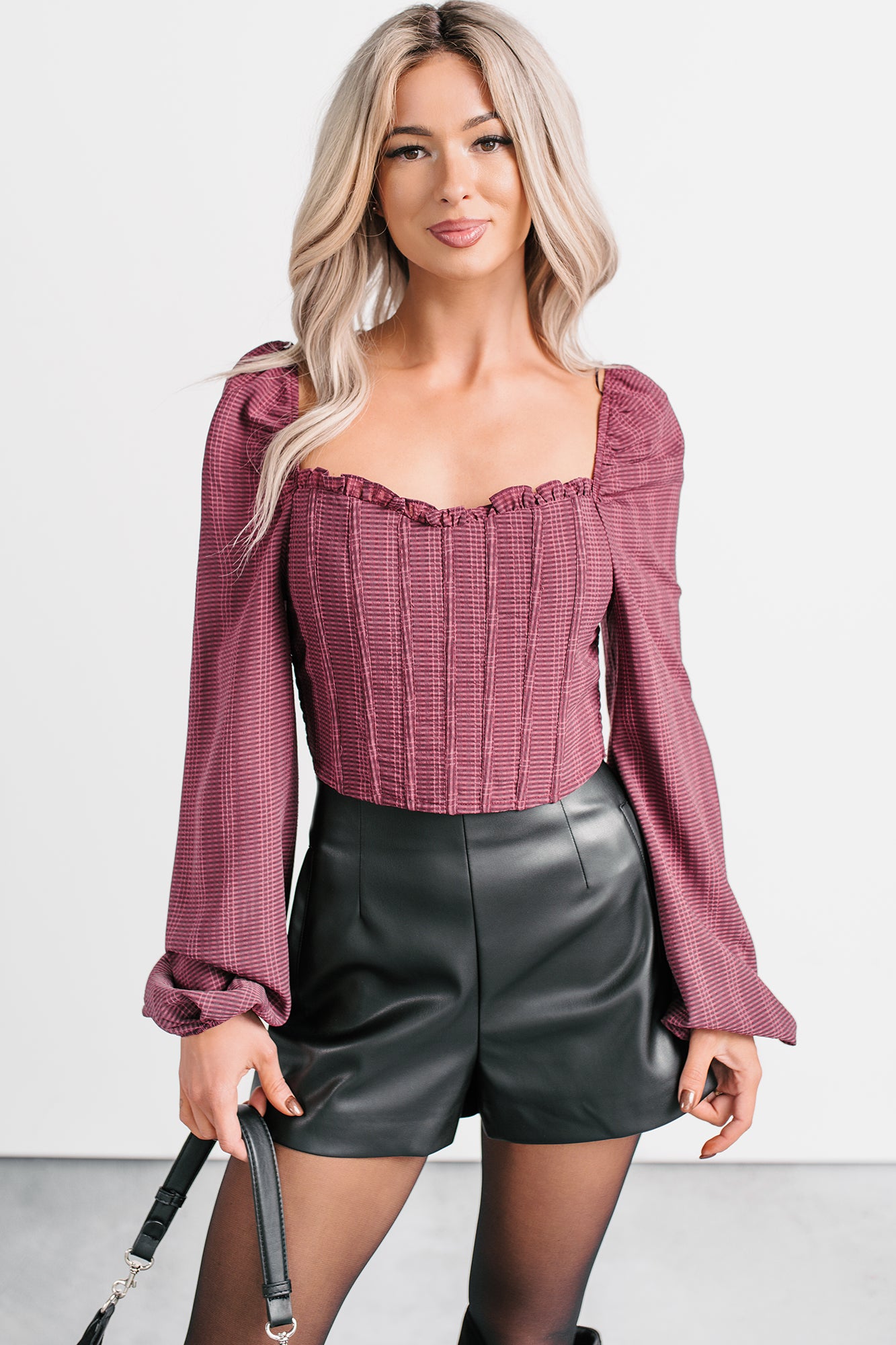 All Of My Love Corset Style Long Sleeve Top (Burgundy) - NanaMacs