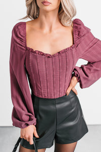 All Of My Love Corset Style Long Sleeve Top (Burgundy) - NanaMacs
