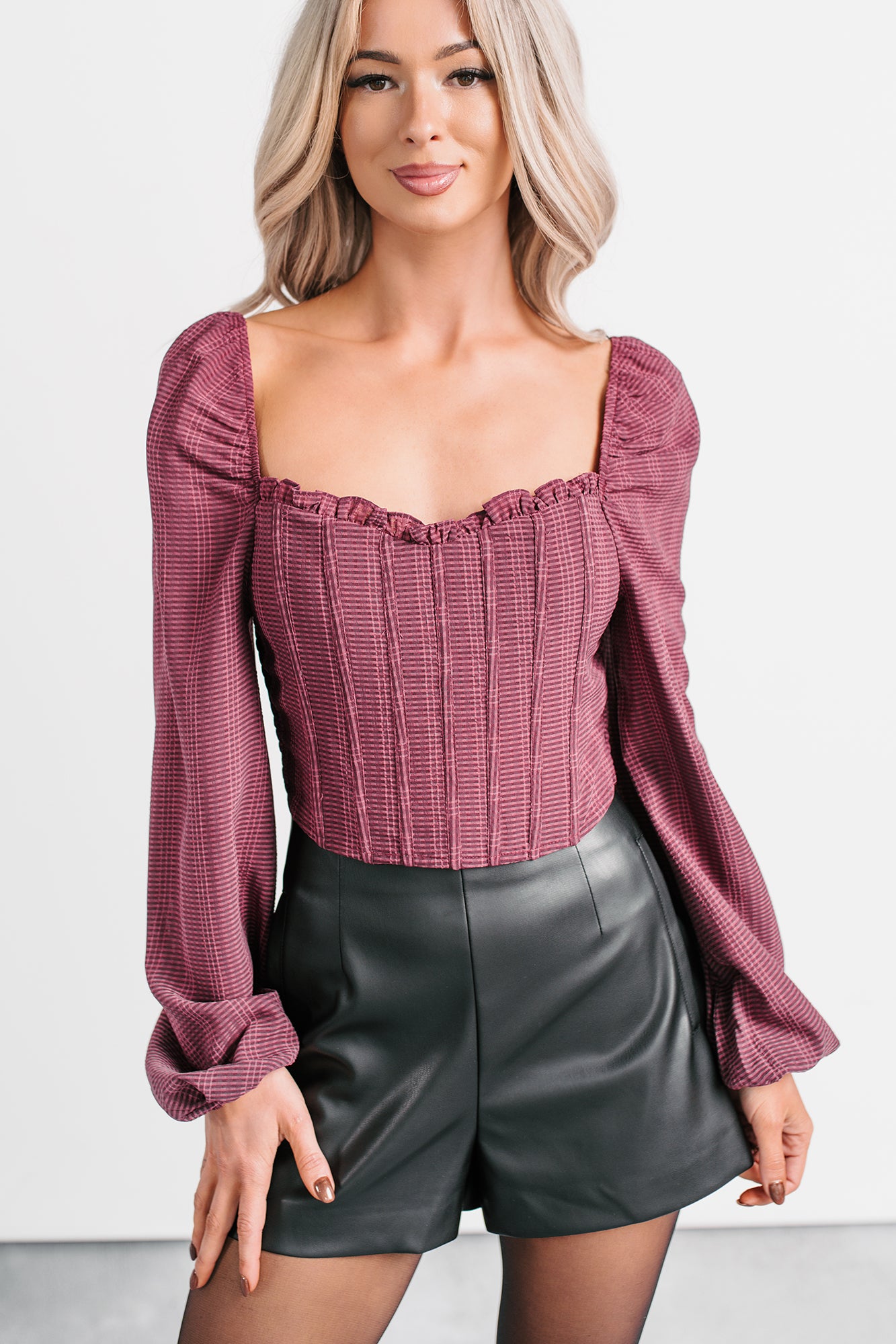 All Of My Love Corset Style Long Sleeve Top (Burgundy) - NanaMacs