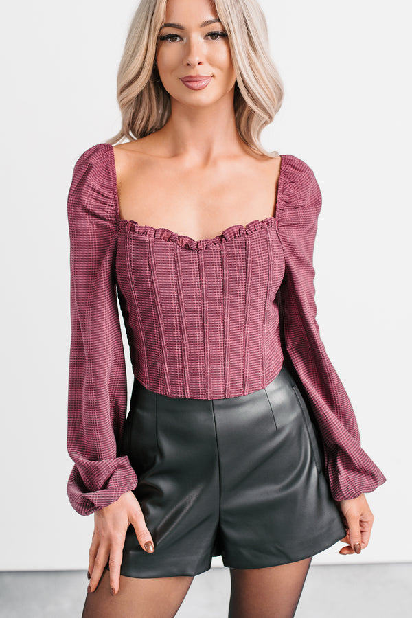 All Of My Love Corset Style Long Sleeve Top (Burgundy) - NanaMacs