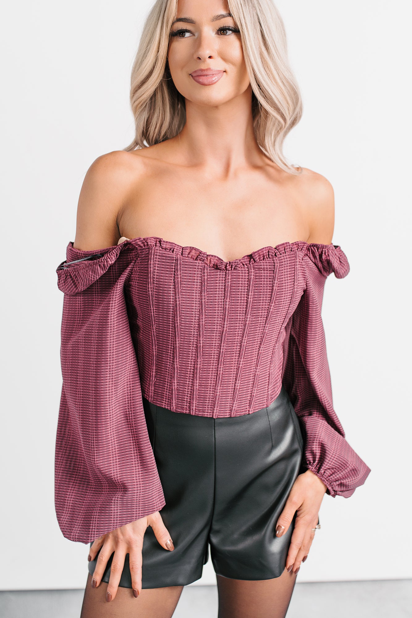 All Of My Love Corset Style Long Sleeve Top (Burgundy) - NanaMacs