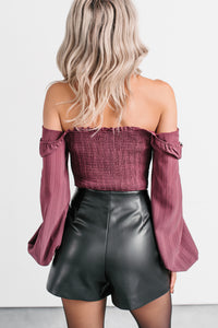 All Of My Love Corset Style Long Sleeve Top (Burgundy) - NanaMacs