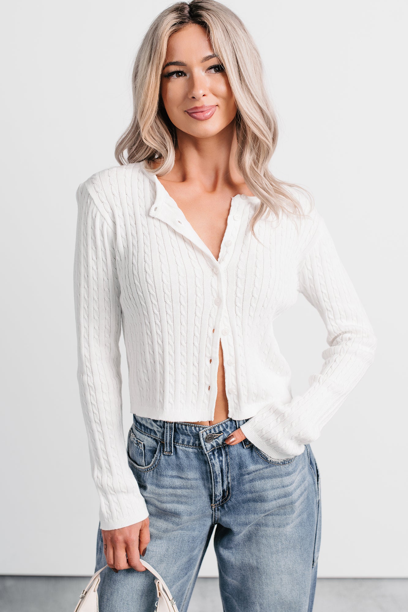 Blanket Hour Cable Knit Cropped Cardigan (Off-White) · NanaMacs