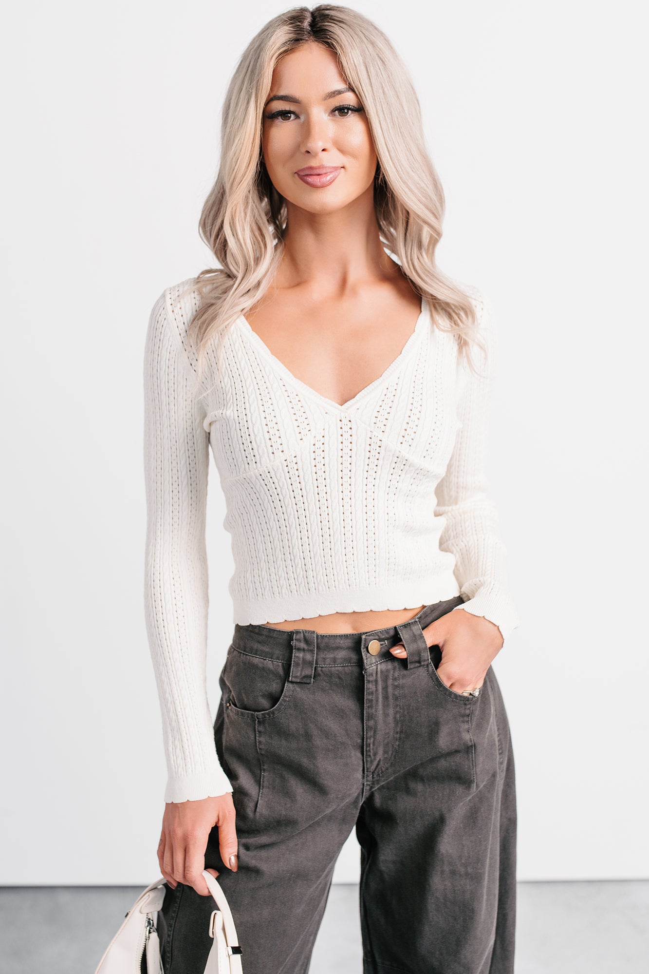 Dreamy Mornings Deep V-Neck Sweater Top (Cream) - NanaMacs