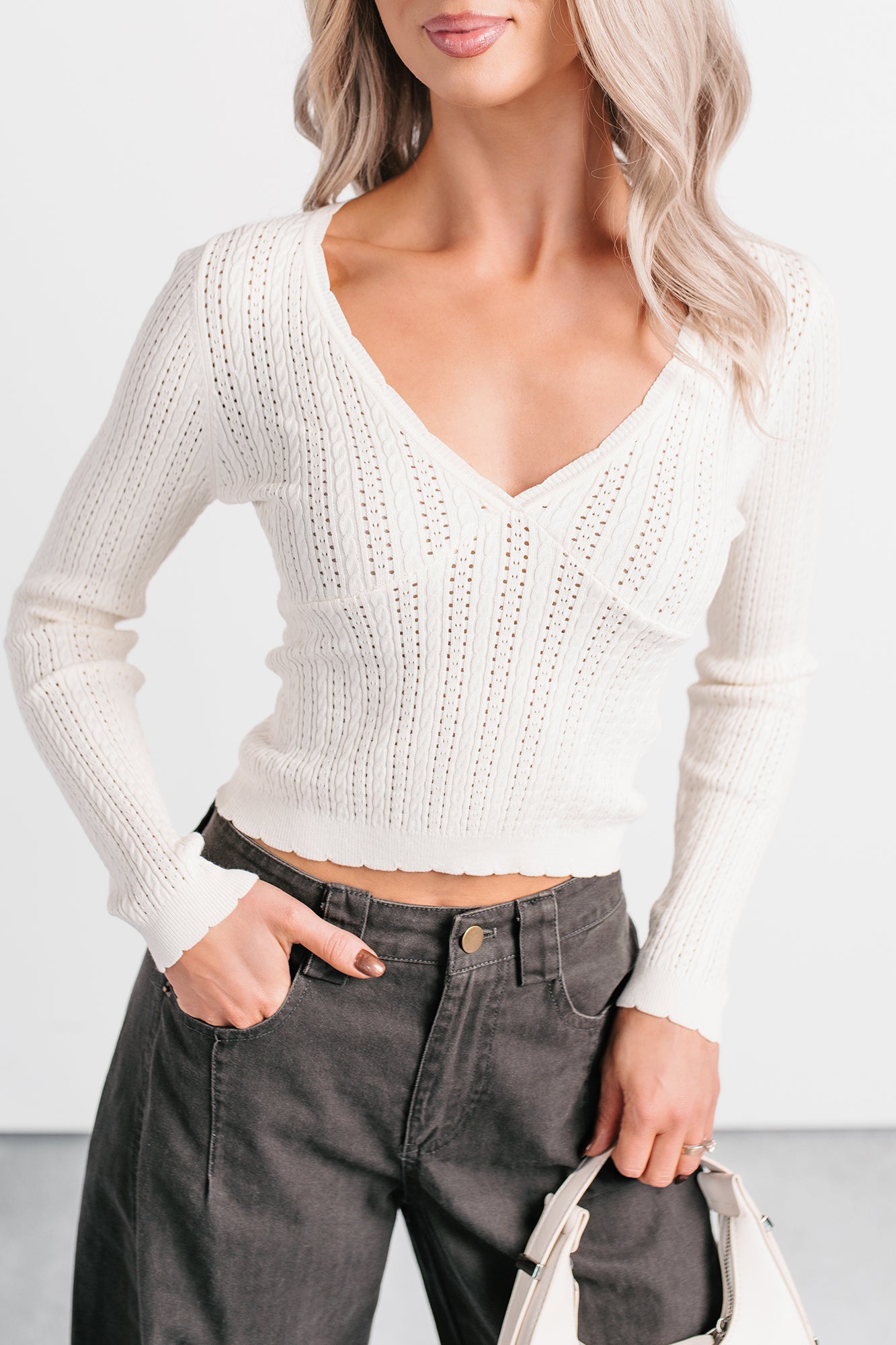Dreamy Mornings Deep V-Neck Sweater Top (Cream) - NanaMacs