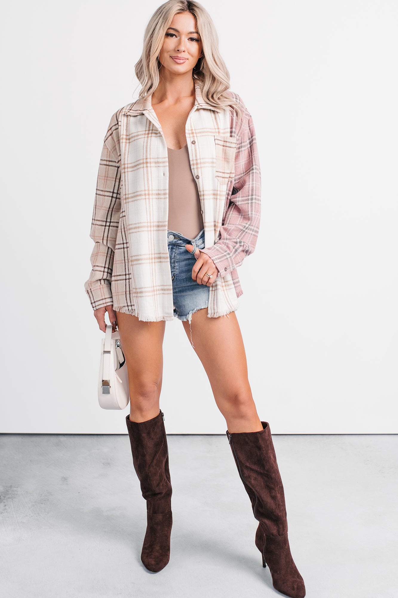 Chill Hour Oversized Mixed Plaid Shacket (Multi/Pink) - NanaMacs