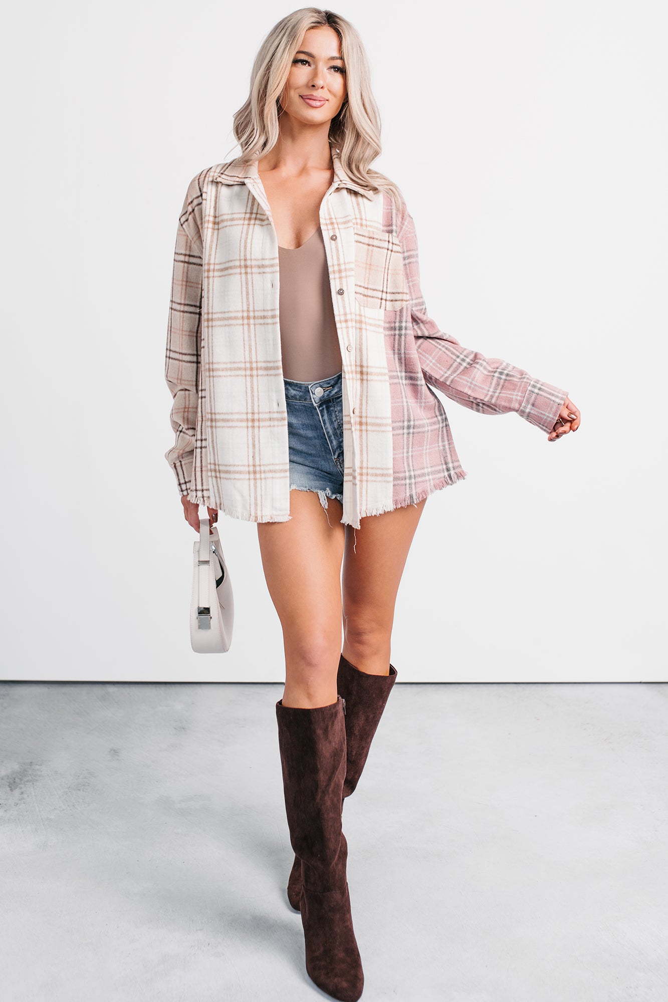 Chill Hour Oversized Mixed Plaid Shacket (Multi/Pink) - NanaMacs