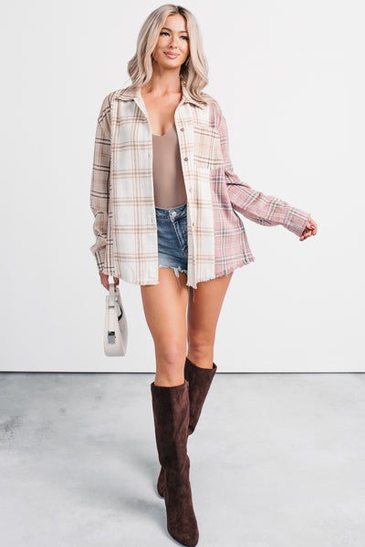 Chill Hour Oversized Mixed Plaid Shacket (Multi/Pink)