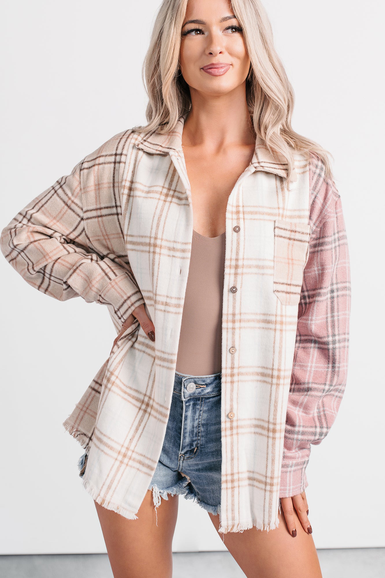 Chill Hour Oversized Mixed Plaid Shacket (Multi/Pink) - NanaMacs