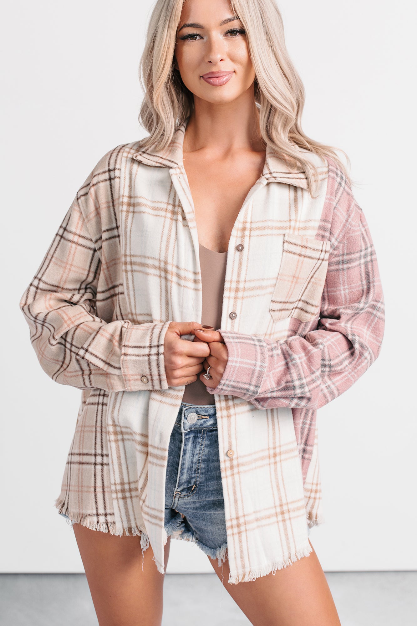 Chill Hour Oversized Mixed Plaid Shacket (Multi/Pink) - NanaMacs