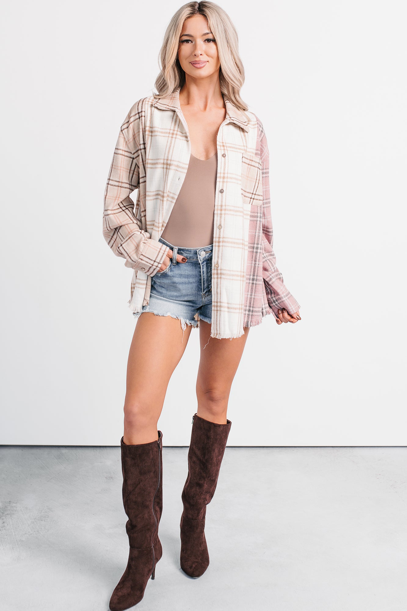 Chill Hour Oversized Mixed Plaid Shacket (Multi/Pink) - NanaMacs