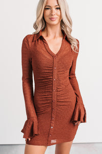 The Way It Goes Lace Mesh Flare Sleeve Mini Dress (Rust) - NanaMacs