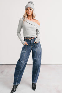 Luxe Basics One Shoulder Ribbed Top (Heather Grey) - NanaMacs