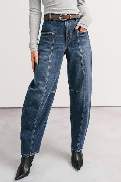River High Rise Phoenix Textile Barrel Jeans (Dark Wash)