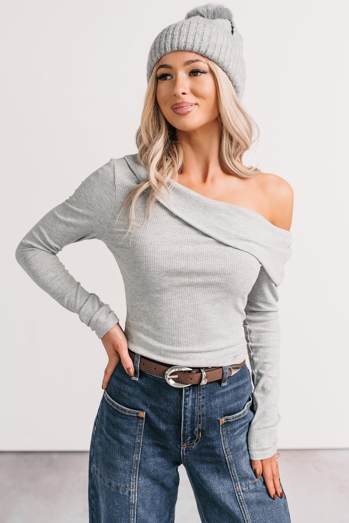 Luxe Basics One Shoulder Ribbed Top (Heather Grey) - NanaMacs
