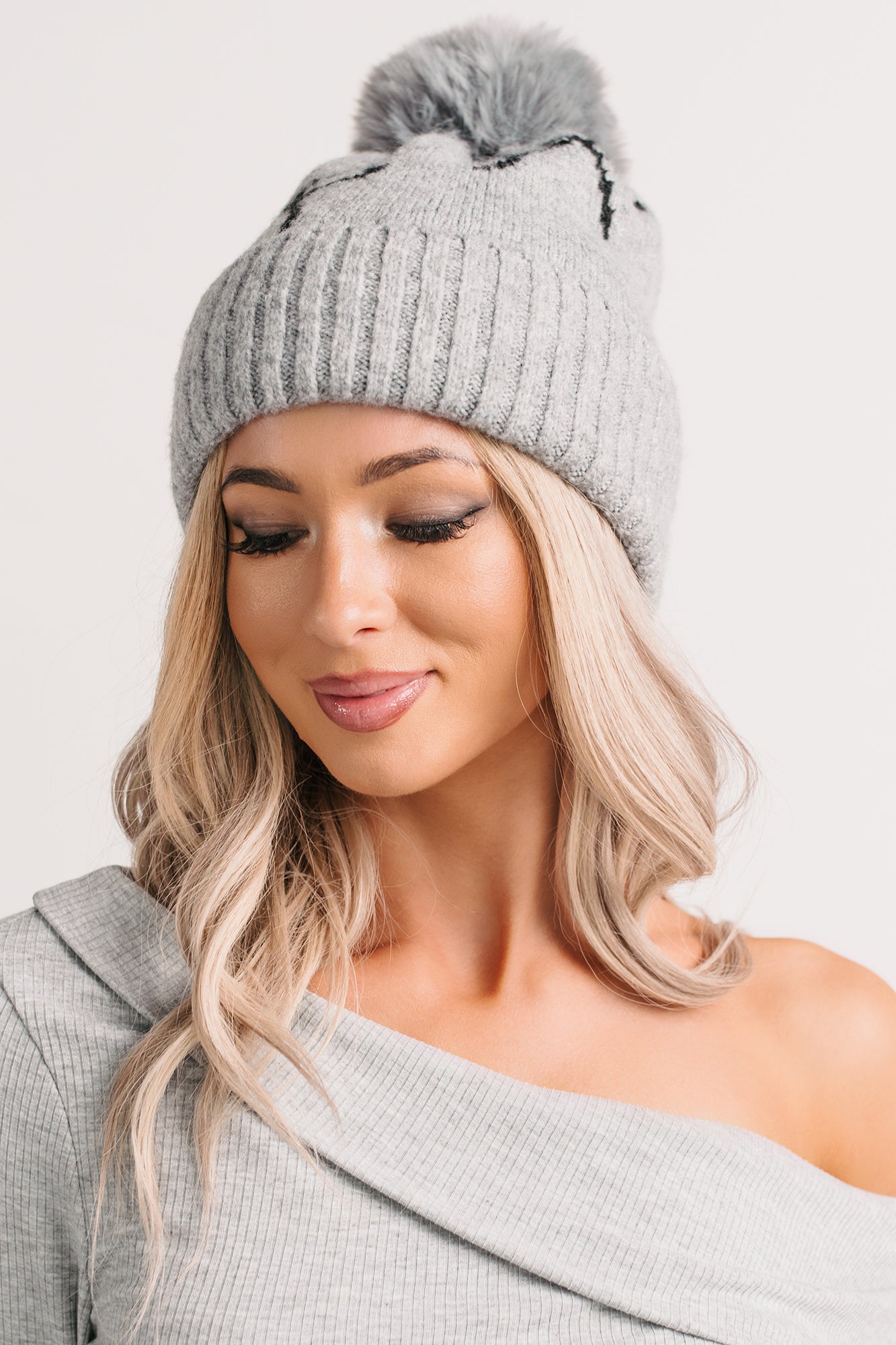 Rested & Ready Bow Detail Pom Pom Beanie (Grey) - NanaMacs