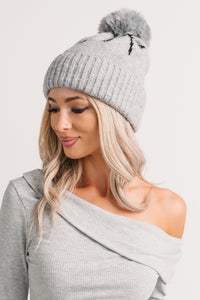 Rested & Ready Bow Detail Pom Pom Beanie (Grey) - NanaMacs