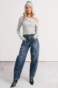 River High Rise Phoenix Textile Barrel Jeans (Dark Wash) - NanaMacs