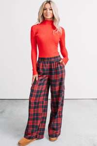 Out Of Line Mock Neckline Ribbed Bodysuit (Red) - NanaMacs