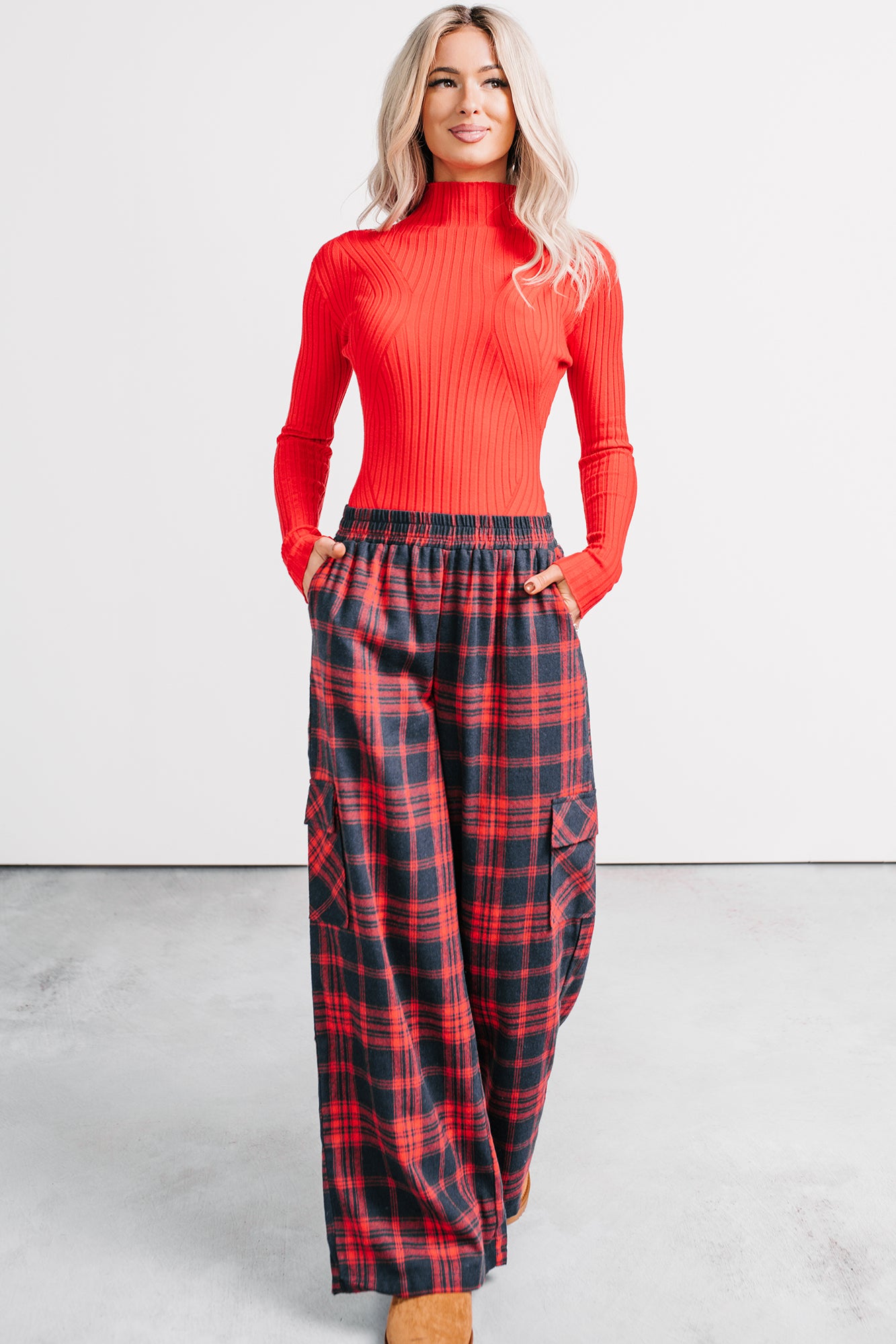 Out Of Line Mock Neckline Ribbed Bodysuit (Red) - NanaMacs